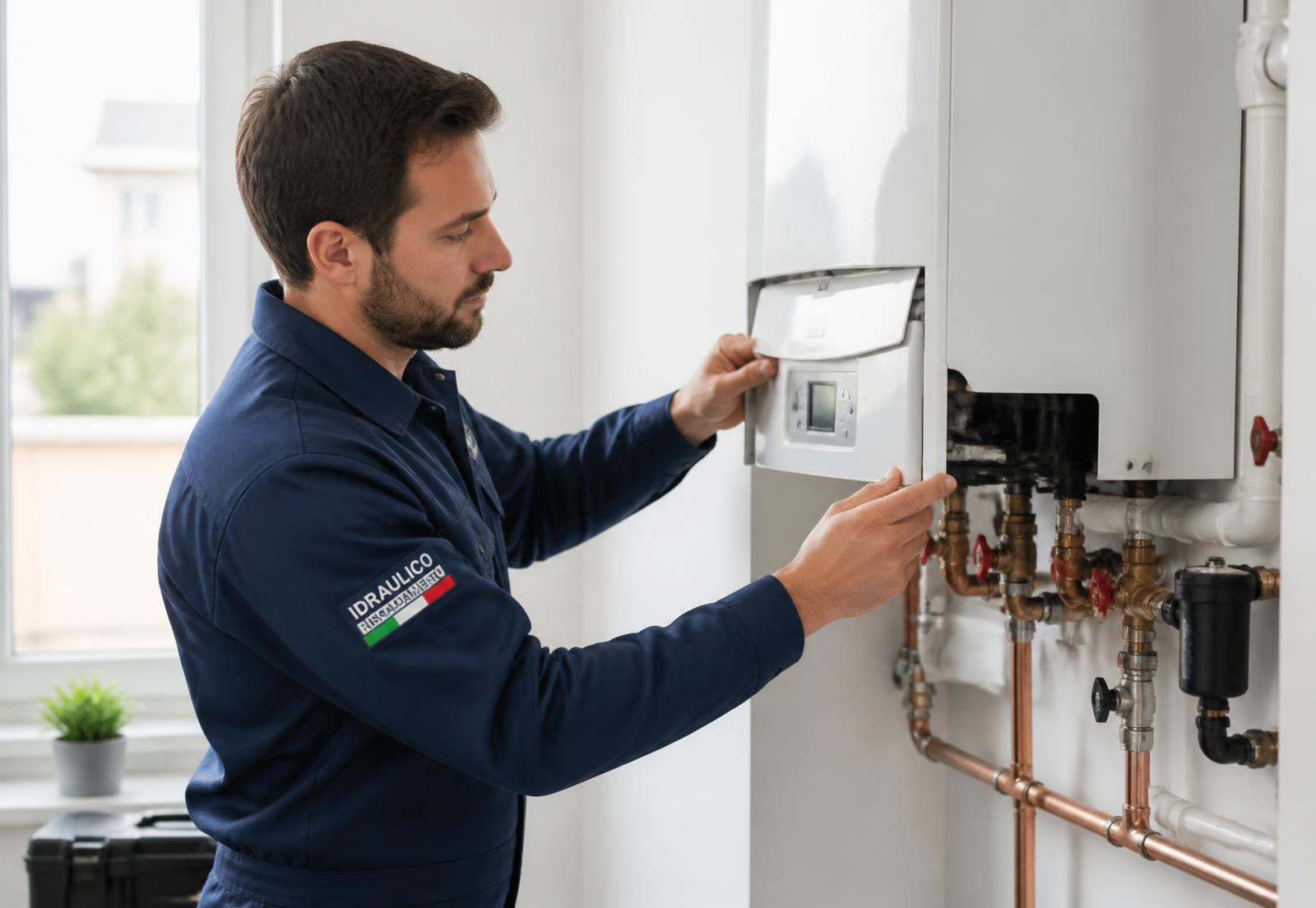 Tecnico Ellebi Termoidraulica durante l'installazione di una caldaia a condensazione a Lissone