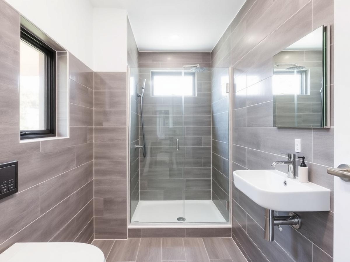 Bagno moderno ristrutturato con doccia in muratura e lavabo sospeso a Desio