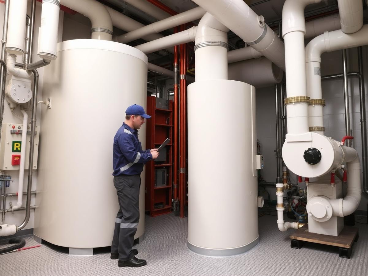 Tecnico Ellebi Termoidraulica durante la manutenzione della centrale termica di un capannone a Nova Milanese