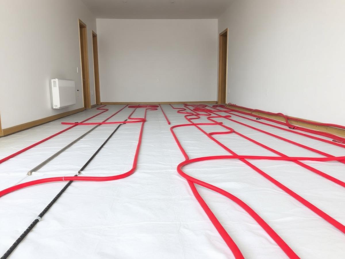 Tubazioni rosse del pavimento radiante posate in un appartamento a Lissone durante l'installazione